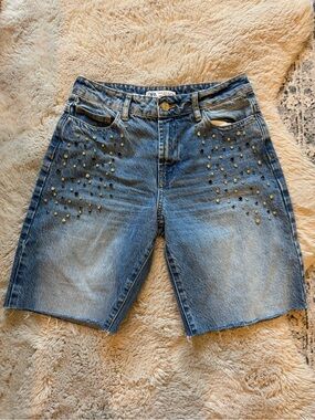 ZARA medium wash blue Denim Studded Bermuda Shorts